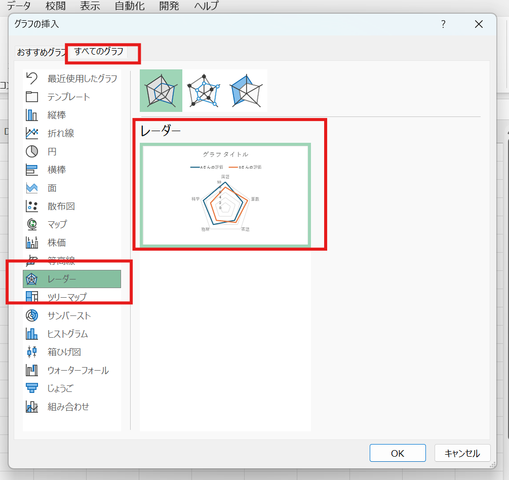 Excel内でレーダーチャートを指定する場所 Excel内でレーダーチャートを指定する場所